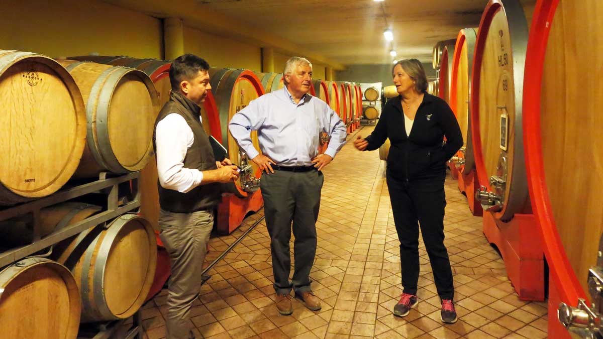 Sebastian Payne MW in the cellars at Ciabot Berton with brother and sister Marco and Paola Oberto