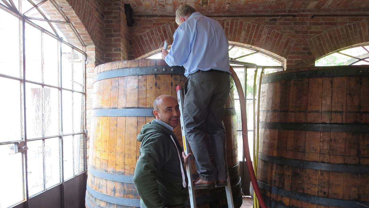 Inspecting the latest vintage of Barolo. Sebastian gets stuck in at GB Burlotto with Fabio Alessandria
