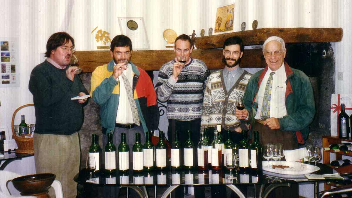 Marcel Orford-Williams (l) tasting with Pierre Bésinet (far right) and the team at Domaine du Bosc in the 1990s