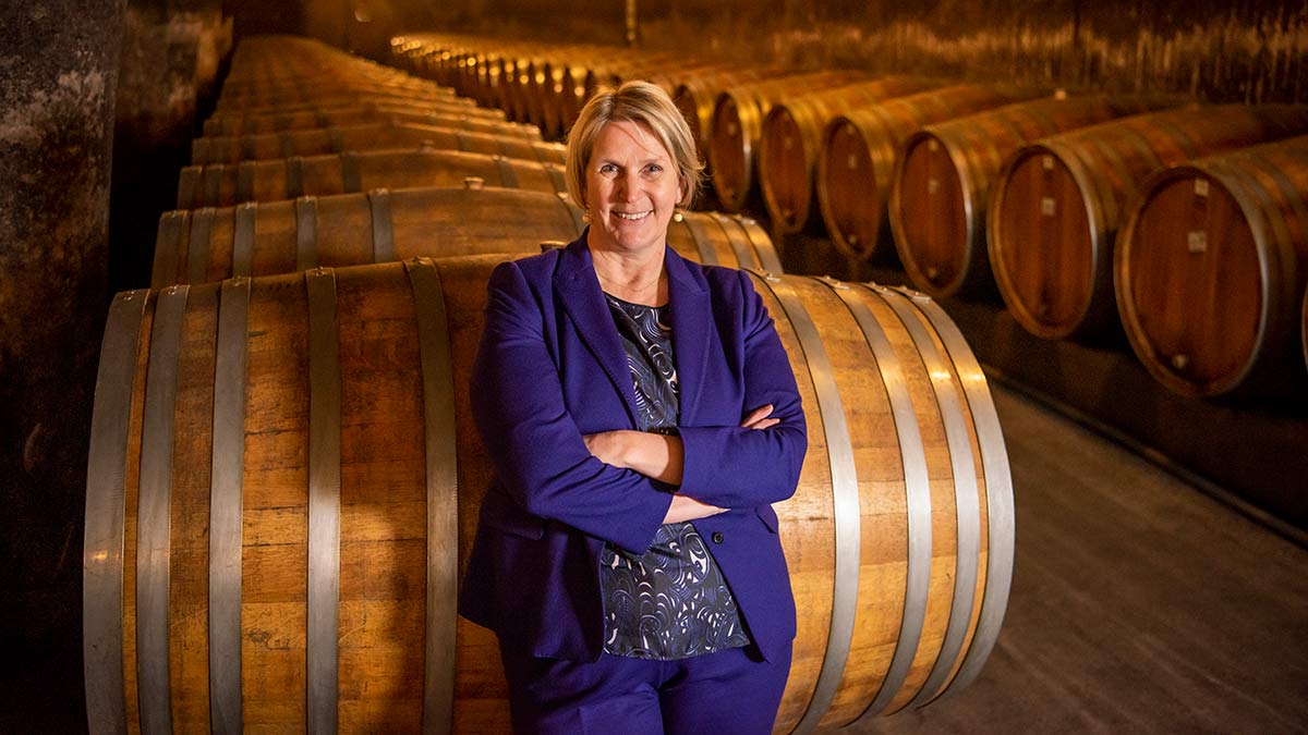 Julia Lücke, Director of wine estates in Bischöfsliecher Weingüter’s impressive barrel cellar