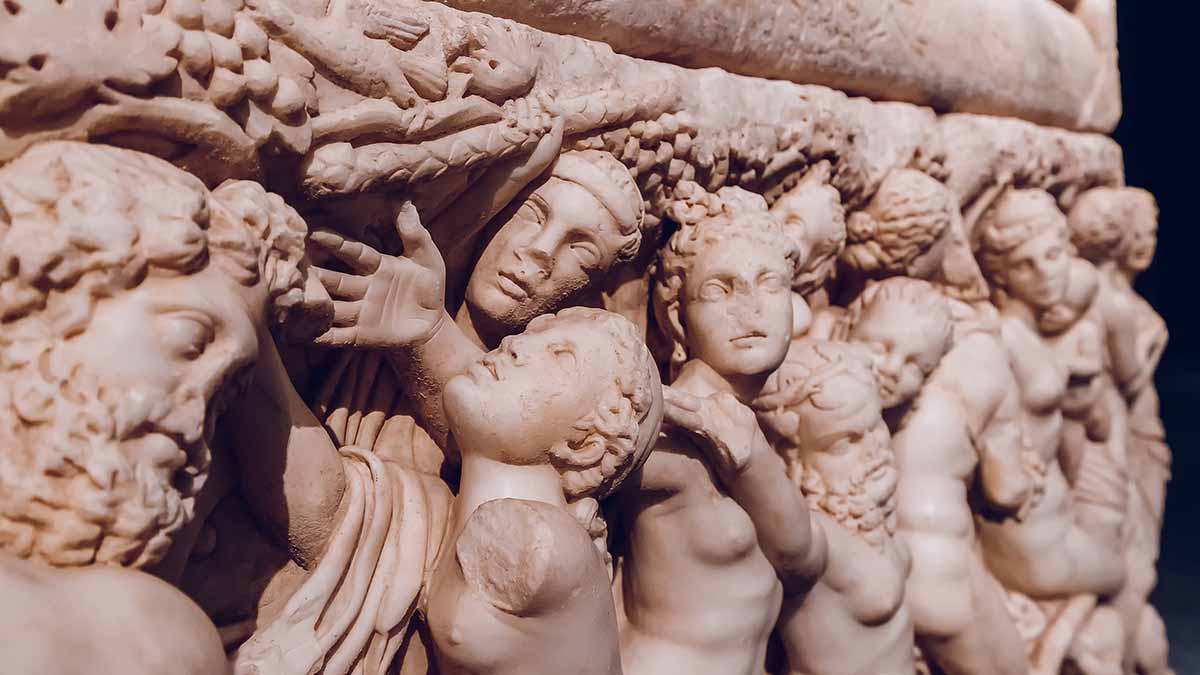Bas-relief of a bacchanal on a sarcophagus. The Greeks knew the value of moderation