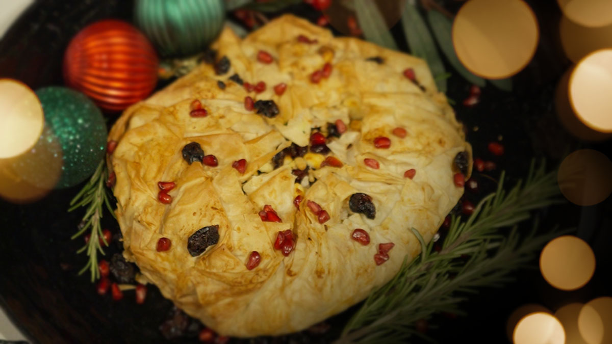 Butternut squash, spinach and cheese filo pie