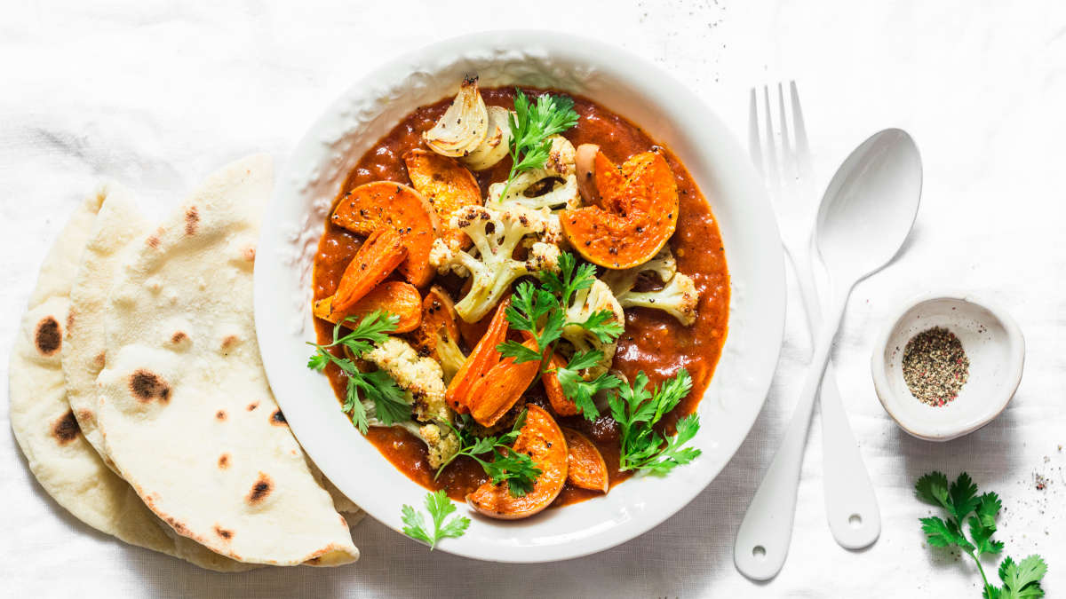 Roasted vegetable curry with yoghurt and coconut milk