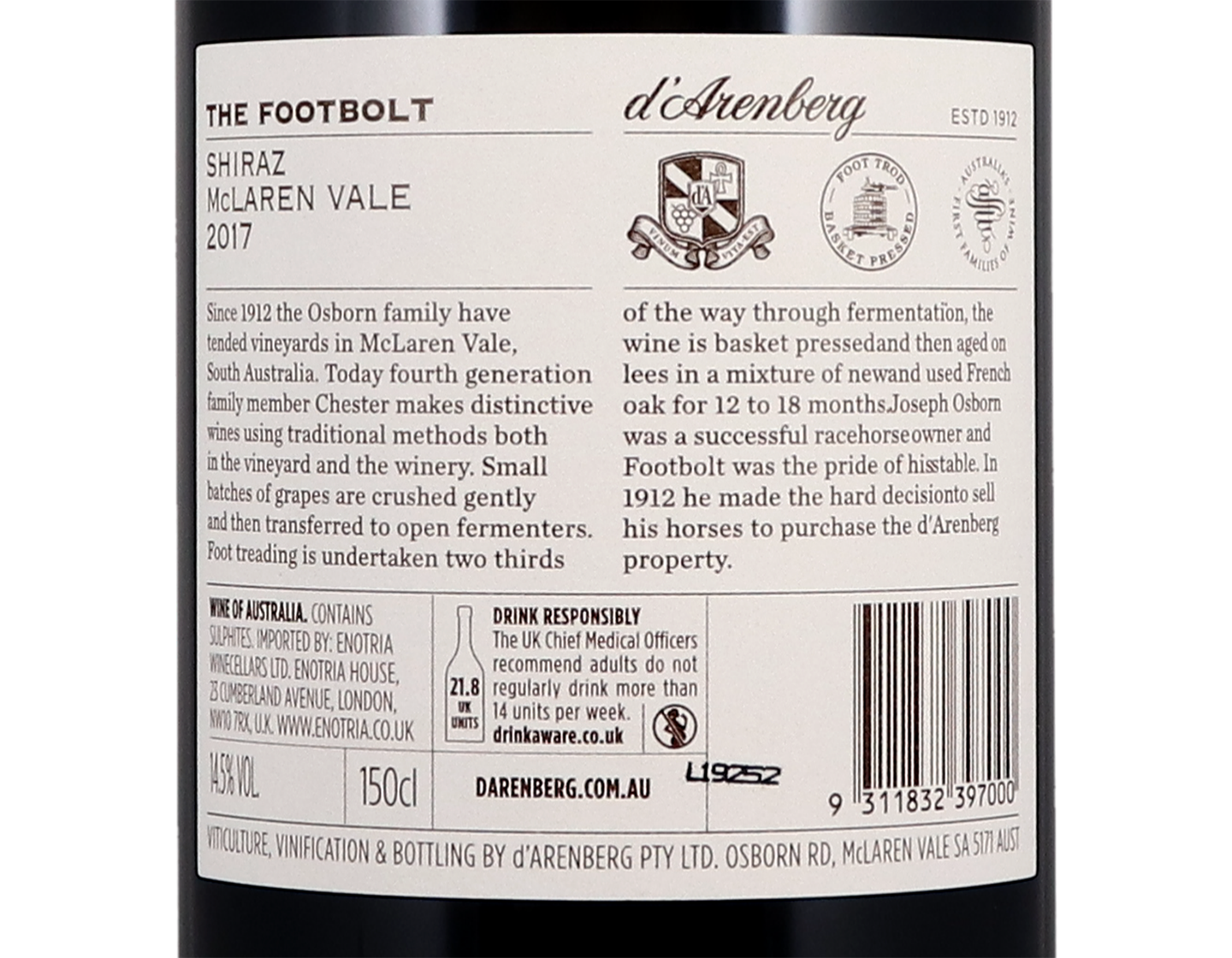 Magnum of D'Arenberg The Footbolt McLaren Vale Shiraz 2017