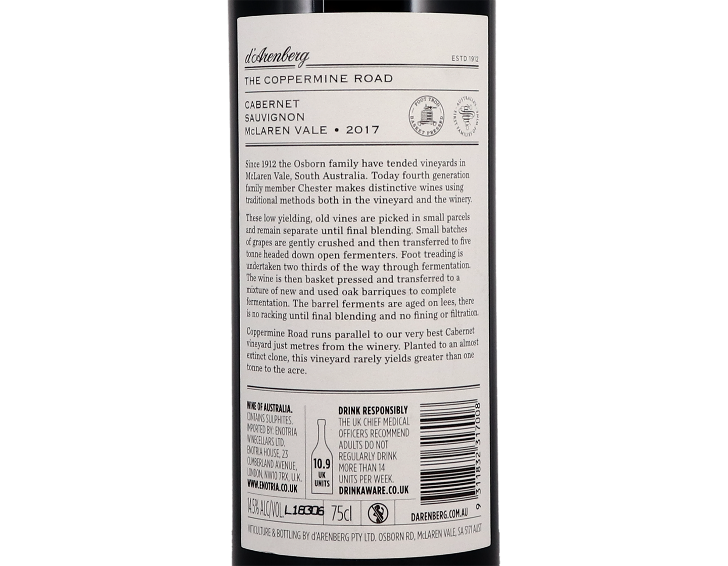 d'Arenberg Coppermine Road McLaren Vale Cabernet Sauvignon 2017