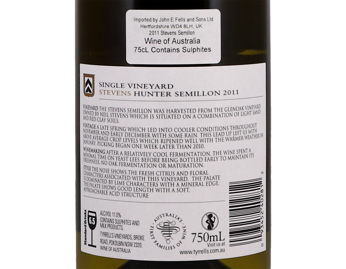 Tyrrells Stevens Single Vineyard Hunter Valley Semillon 2011