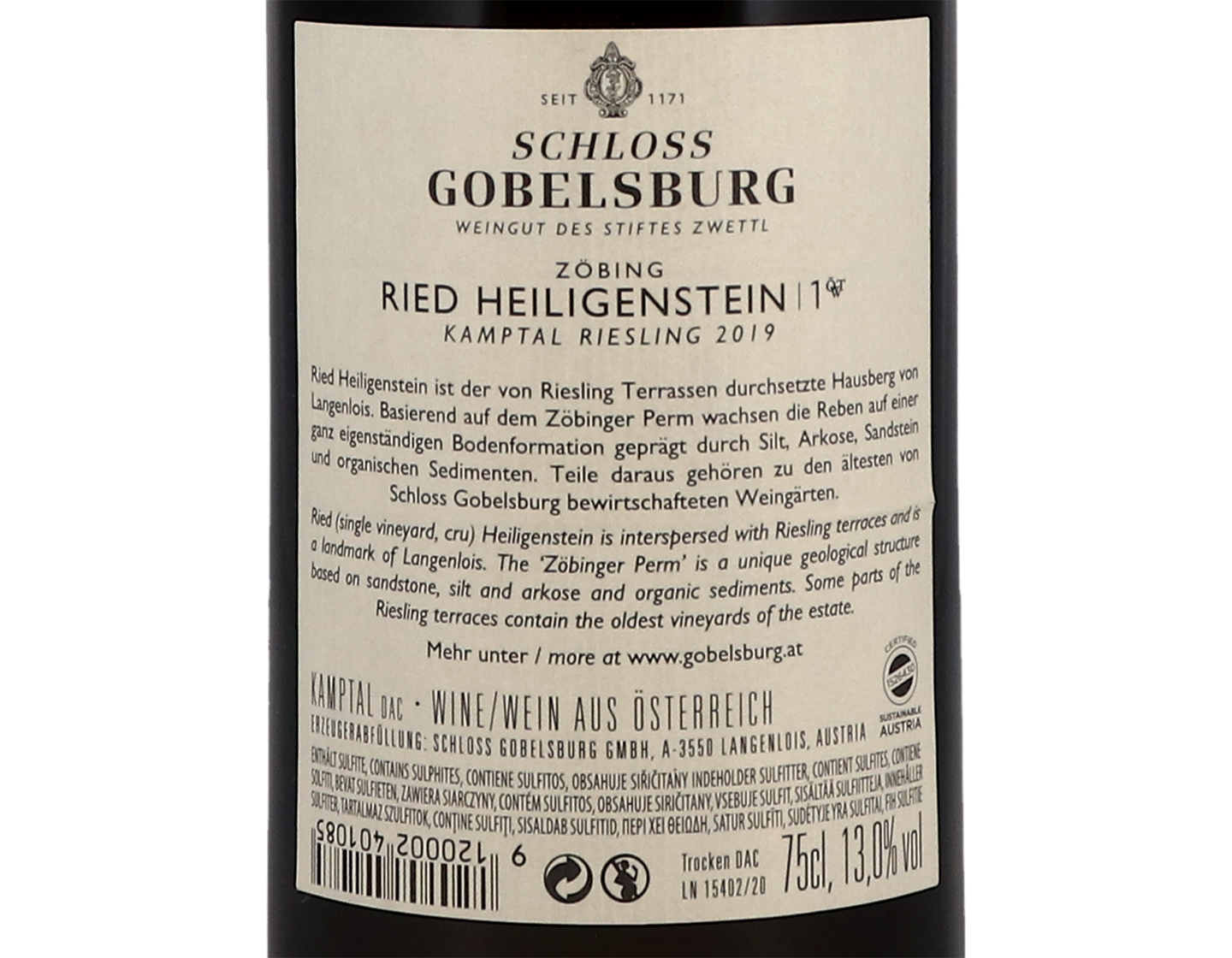 Schloss Gobelsburg Riesling Ried Heiligenstein 1OTW 2019