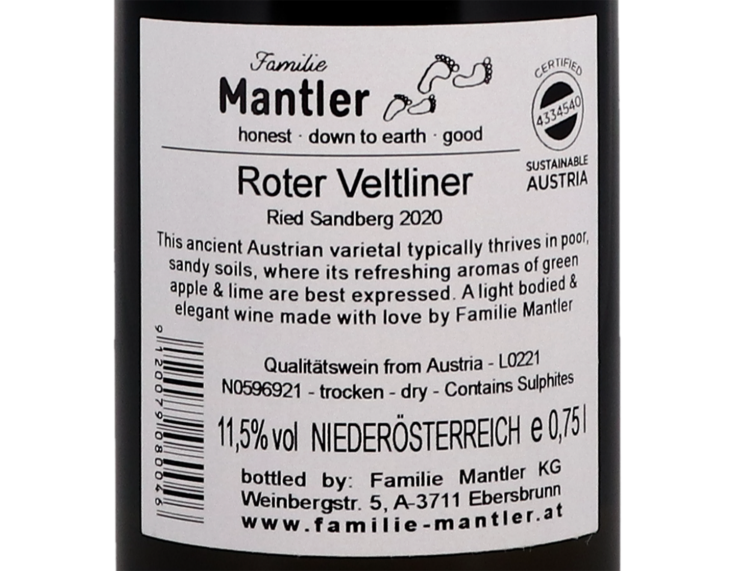 Familie Mantler Roter Veltliner Niederosterreich 2020
