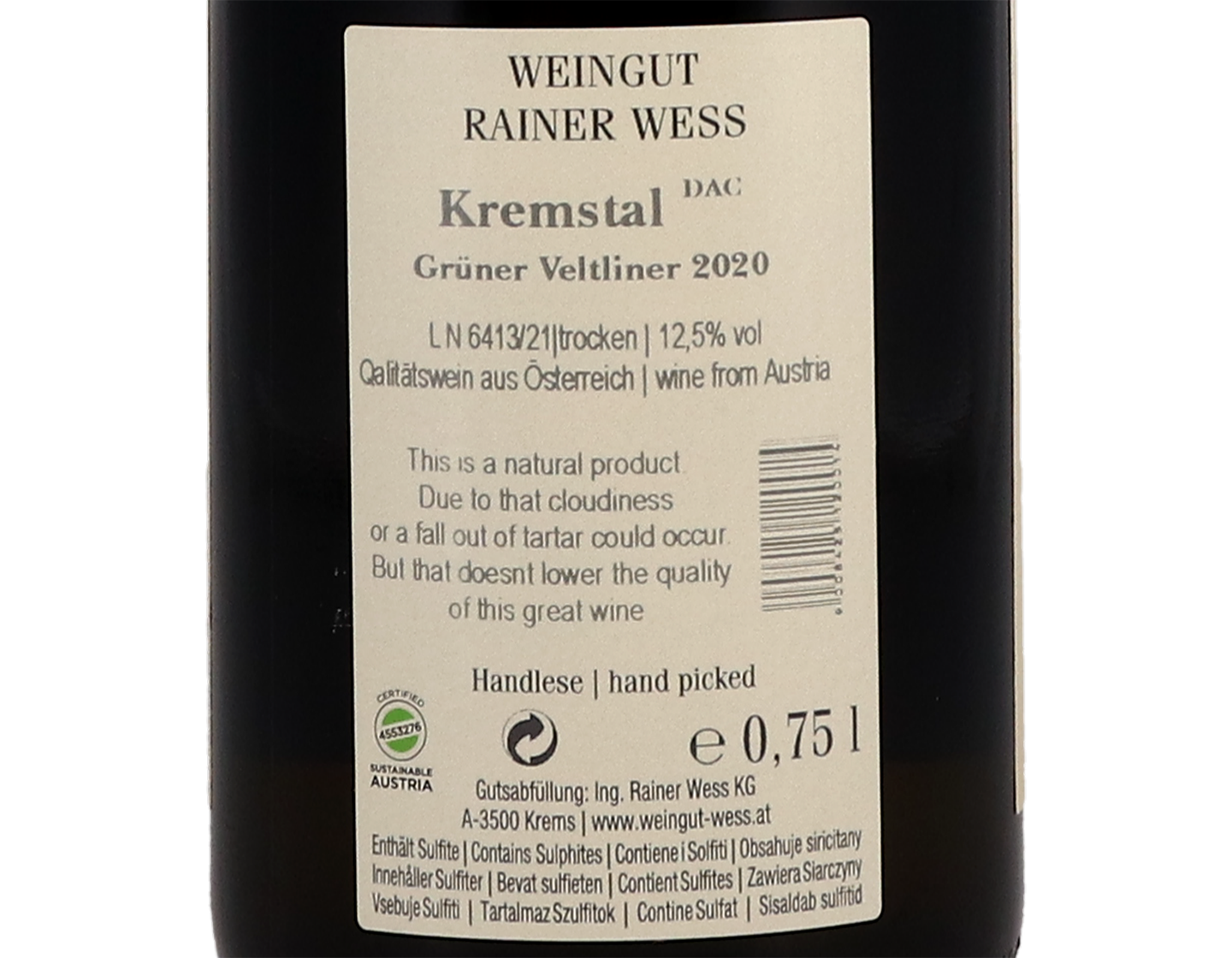 Rainer Wess Gruner Veltliner Kremstal 2020
