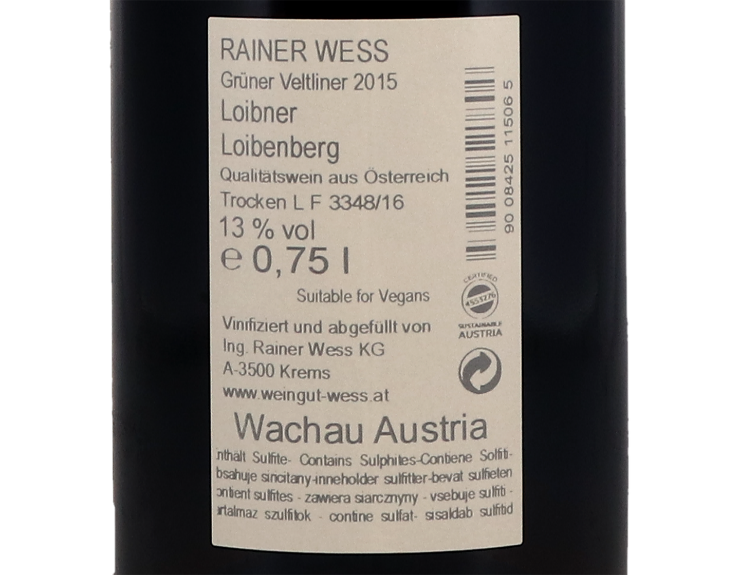 Rainer Wess Gruner Veltliner Ried Loibenberg Wachau 2015