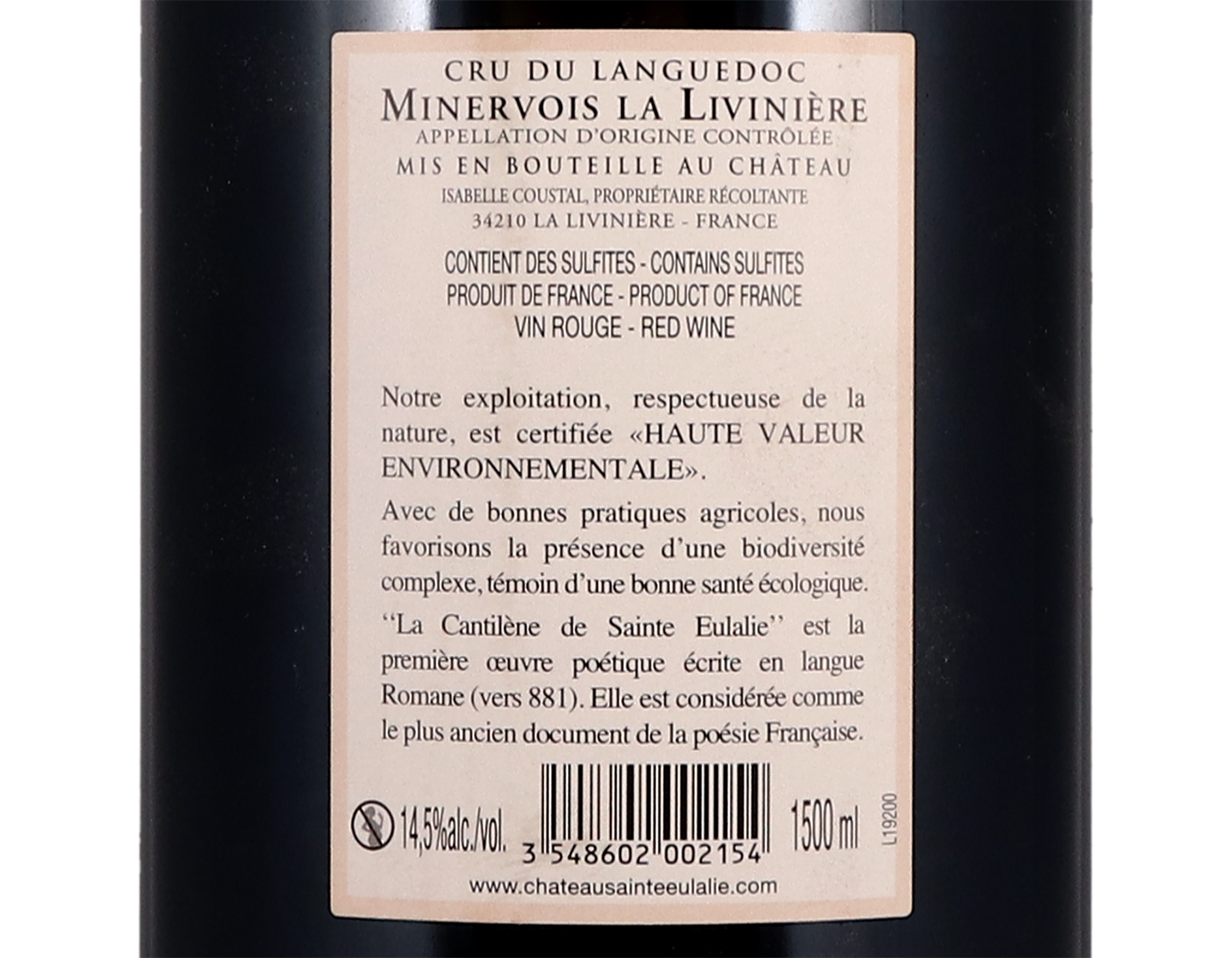 Magnums of Minervois La Liviniere Cuvee Cantilene Chateau Sainte Eulalie 2017