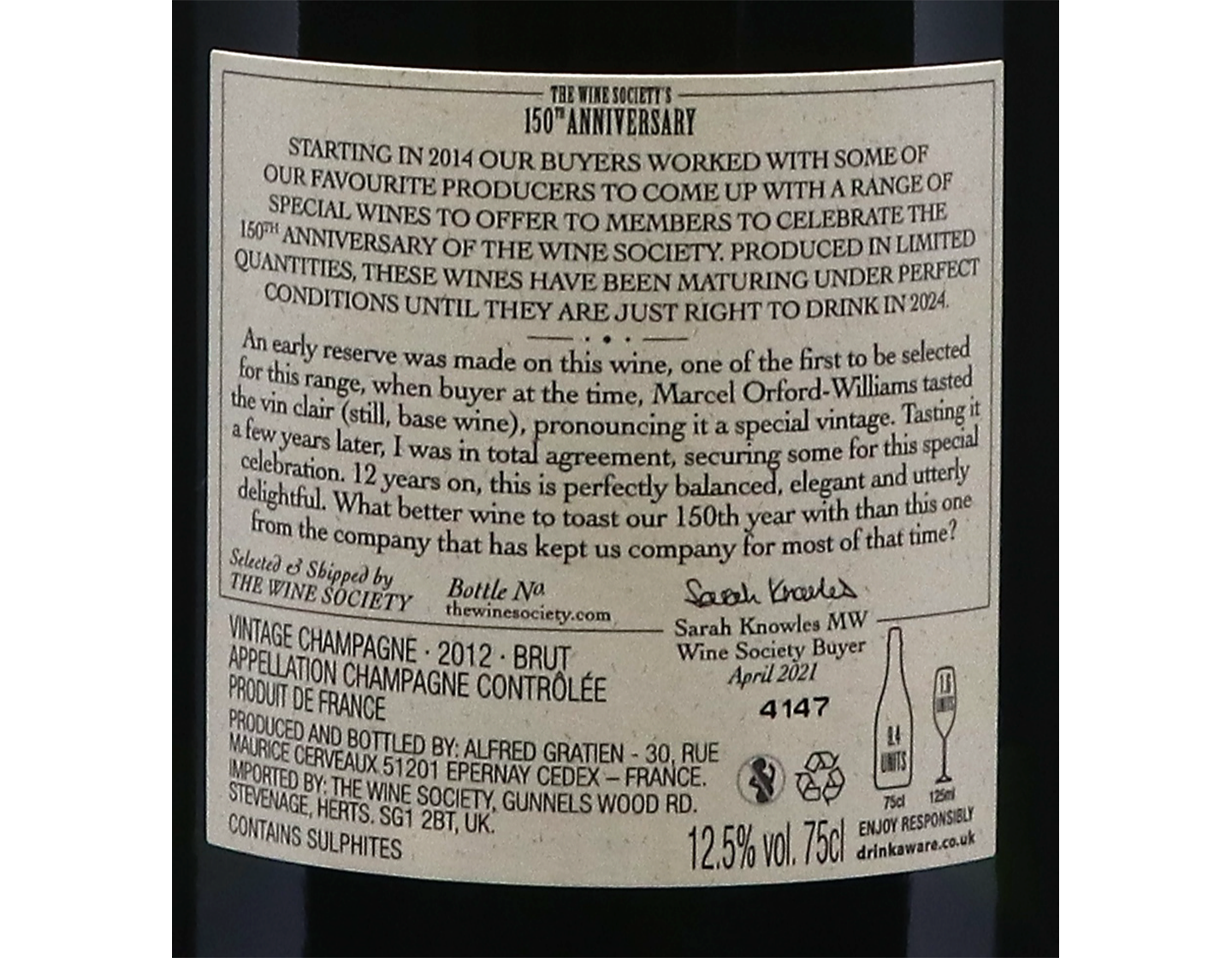 The Society's 150th Anniversary Vintage Champagne 2012