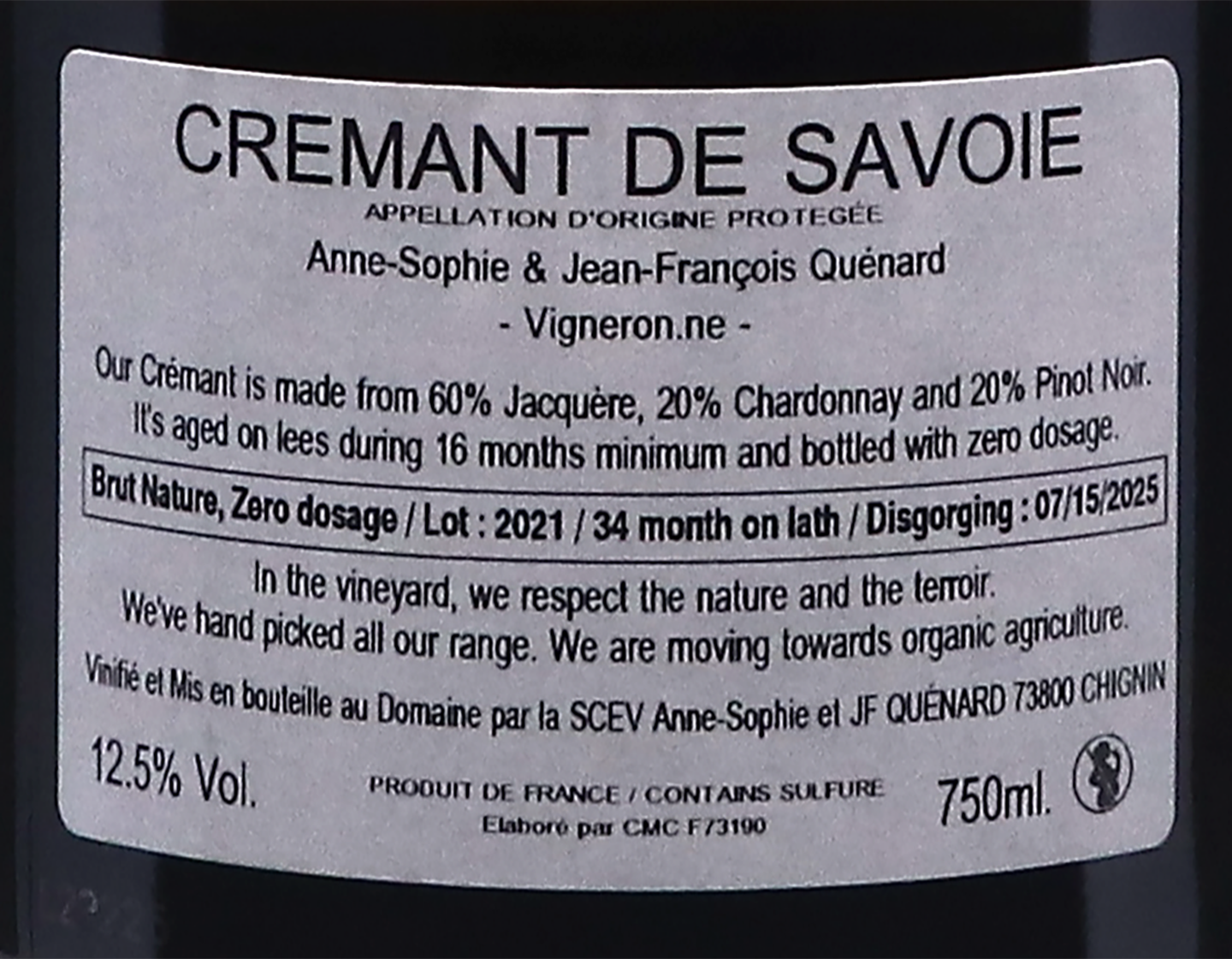 Cremant de Savoie Entre Amis Brut Zero Jean Francois Quenard