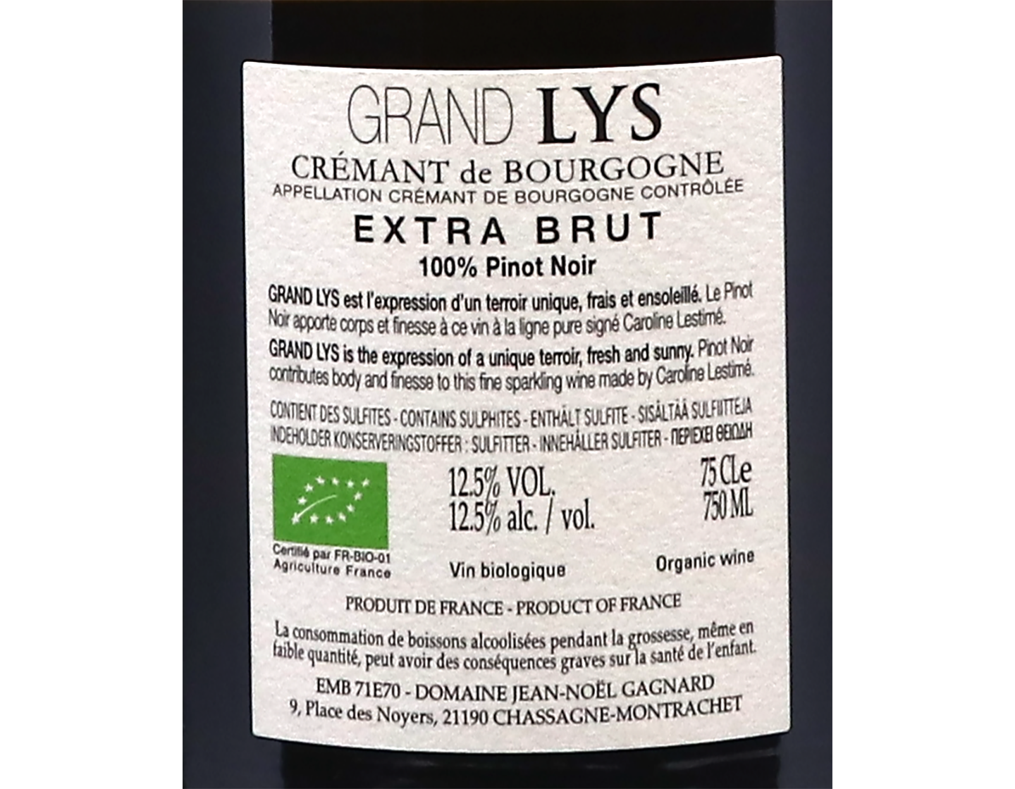 Dom Jean Noel Gagnard Cremant de Bourgogne Grand Lys Blanc de Noirs ORGANIC 2018