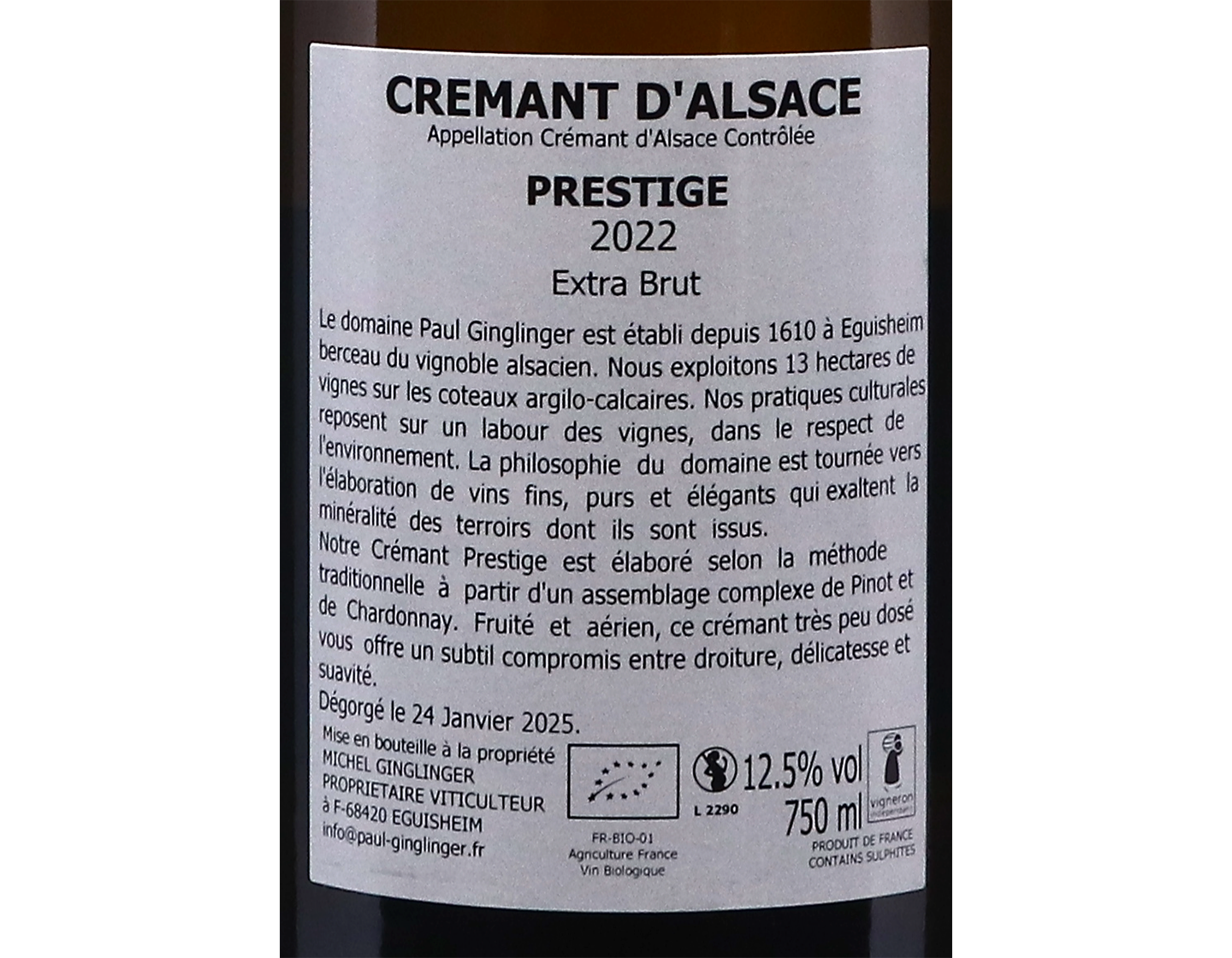 Cremant dAlsace Extra Brut Prestige Domaine Paul Ginglinger 2022 ORGANIC