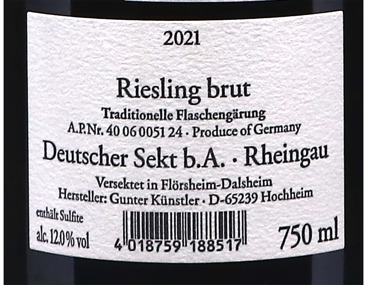 Riesling Brut Sekt, Weingut Künstler 2021