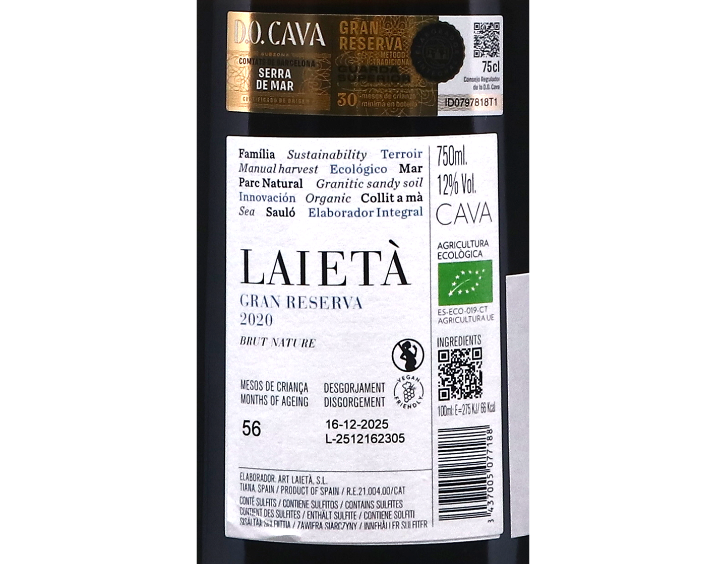 Art Laieta d'Alta Alella Cava Gran Reserva Brut Nature 2020 ORGANIC