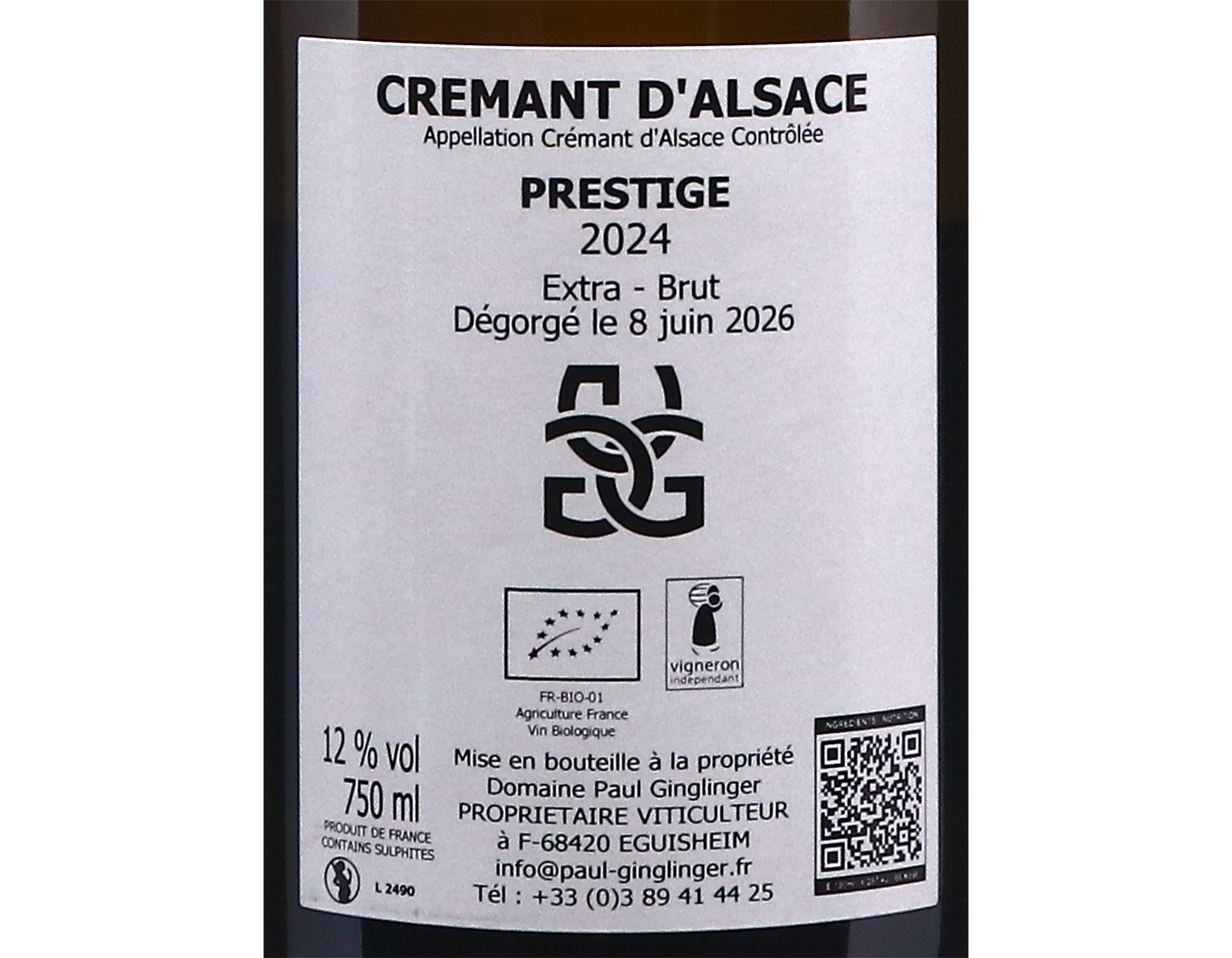 Cremant dAlsace Extra Brut Prestige Domaine Paul Ginglinger 2024 ORGANIC