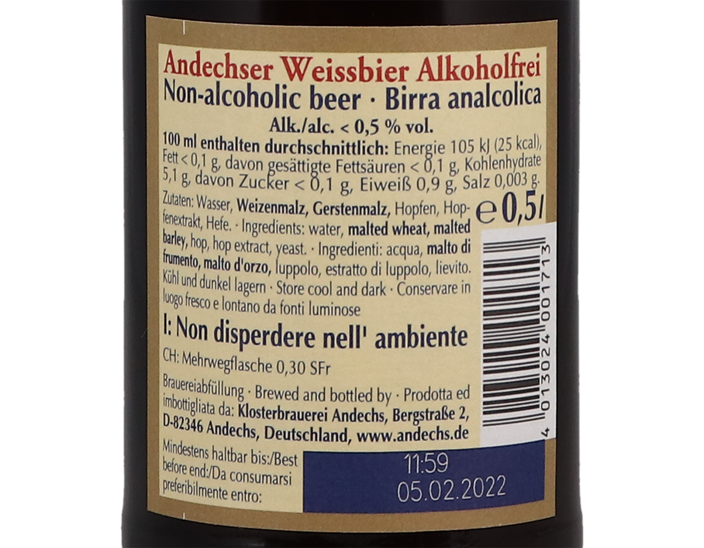 Weissbier Alkoholfrei Klosterbrauerei Andechs Germany 50cl