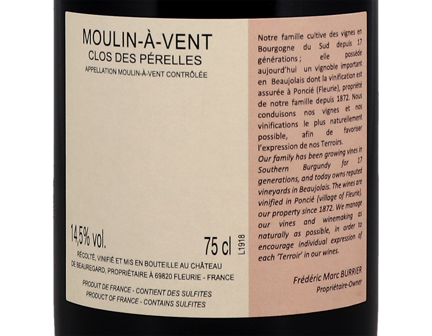 Chateau de Beauregard Moulin a Vent Clos des Perelles 2019