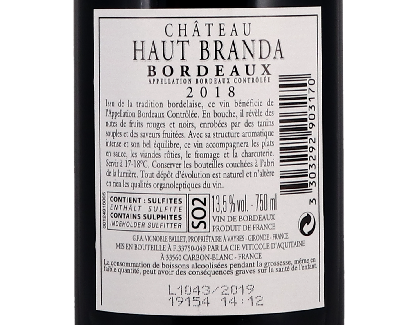 Ch Haut Branda Bordeaux 2018