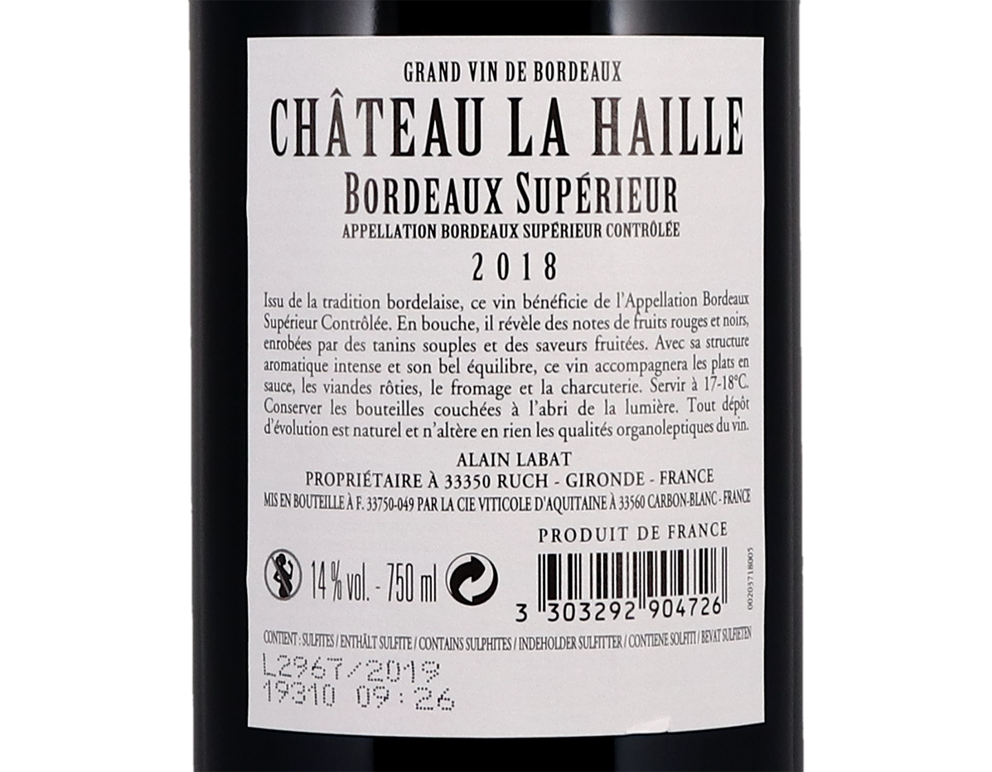 Château La Haille, Bordeaux Supérieur 2018