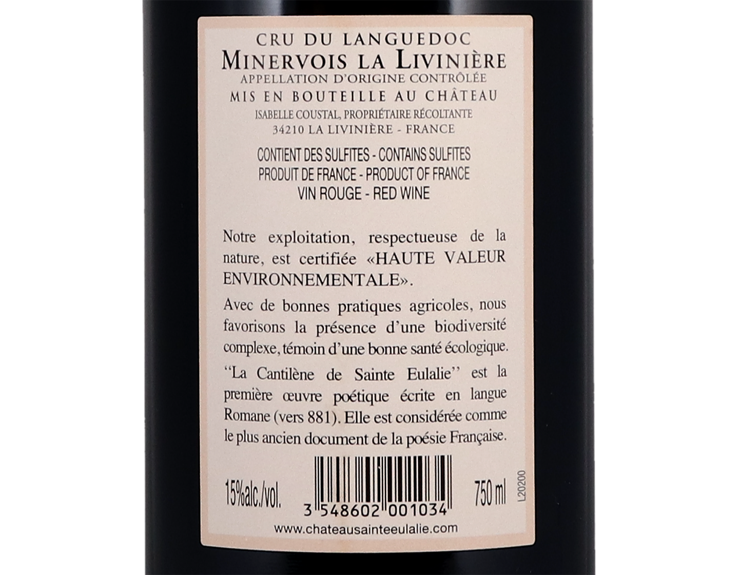 Minervois La Liviniere Cuvee Cantilene Chateau Sainte Eulalie 2018
