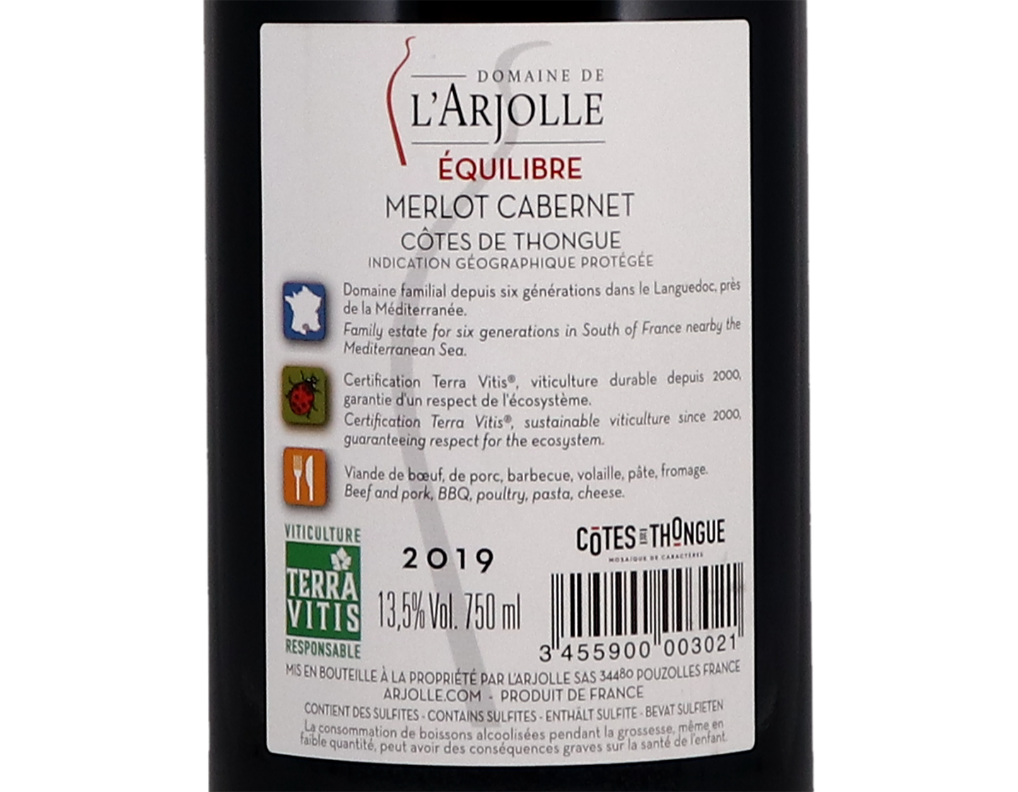 Merlot Cabernet Equilibre Cotes de Thongue Dme de l'Arjolle Rouge 2019