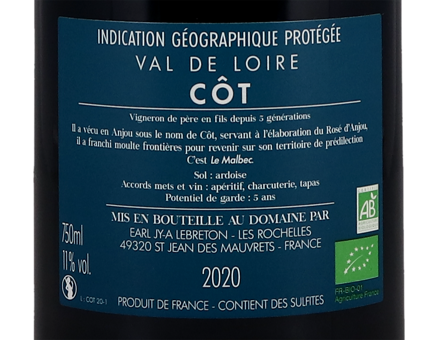 Val de Loire ORGANIC Malbec Domaine Des Rochelles J Lebreton 2020
