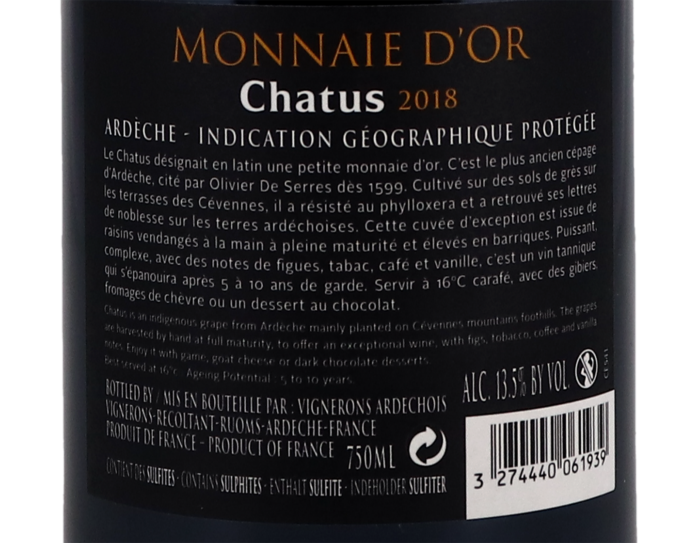Chatus, Monnaie d'Or, IGP Ardèche, Vignerons Ardéchois 2018