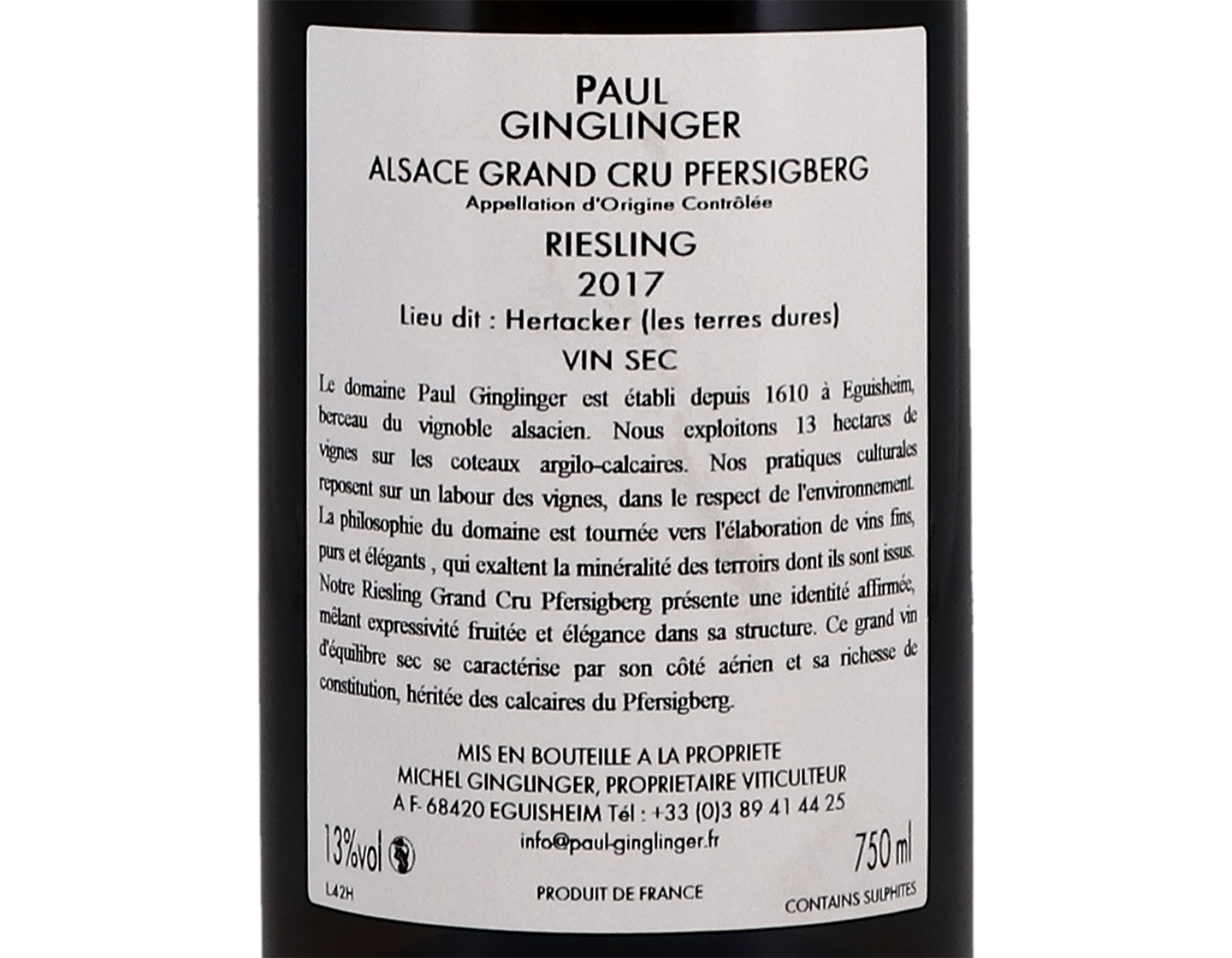 Riesling GC Pfersigberg Hertacker Domaine Ginglinger 2017