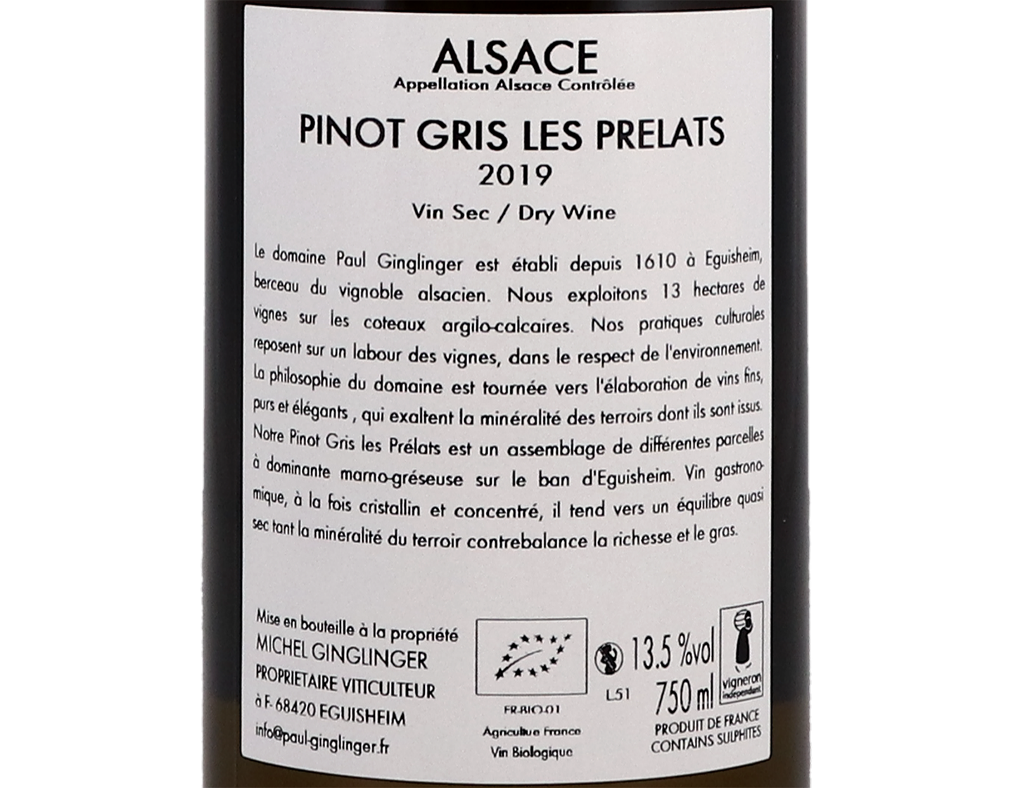 Pinot Gris Les Prelats ORGANIC Domaine Ginglinger 2019