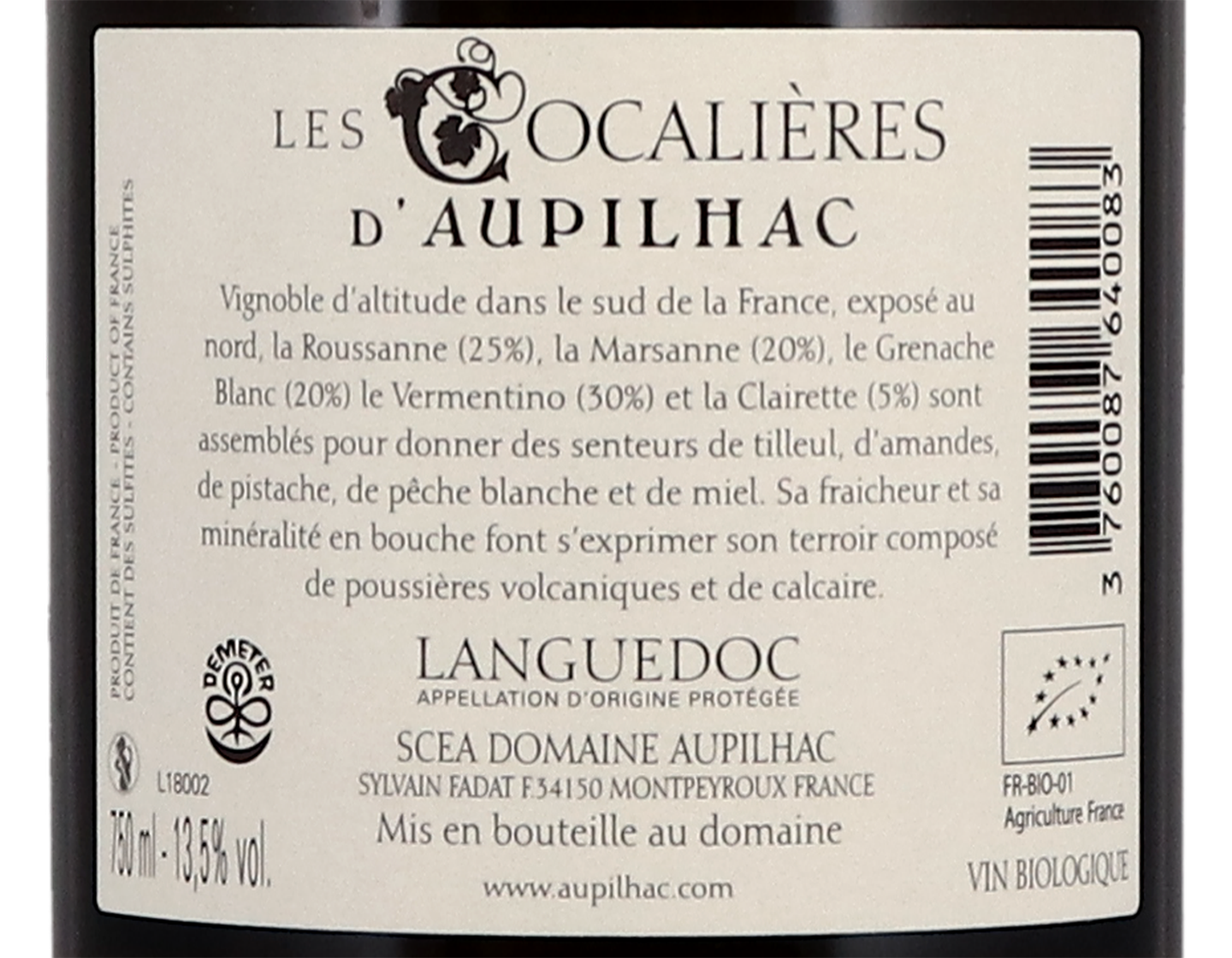Coteaux du Languedoc Blanc, Cocalières, Domaine Aupilhac 2018