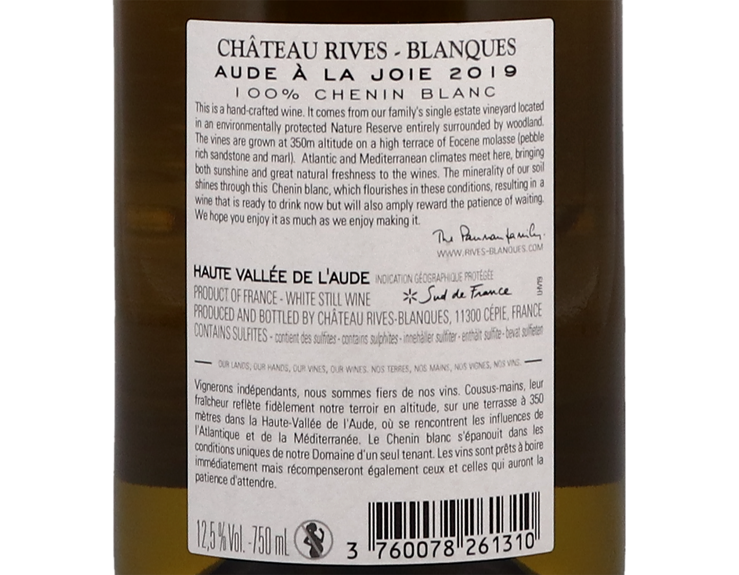 Chenin Blanc, Aude à la Joie, Haute Vallée de l’Aude, Rives Blanques 2019
