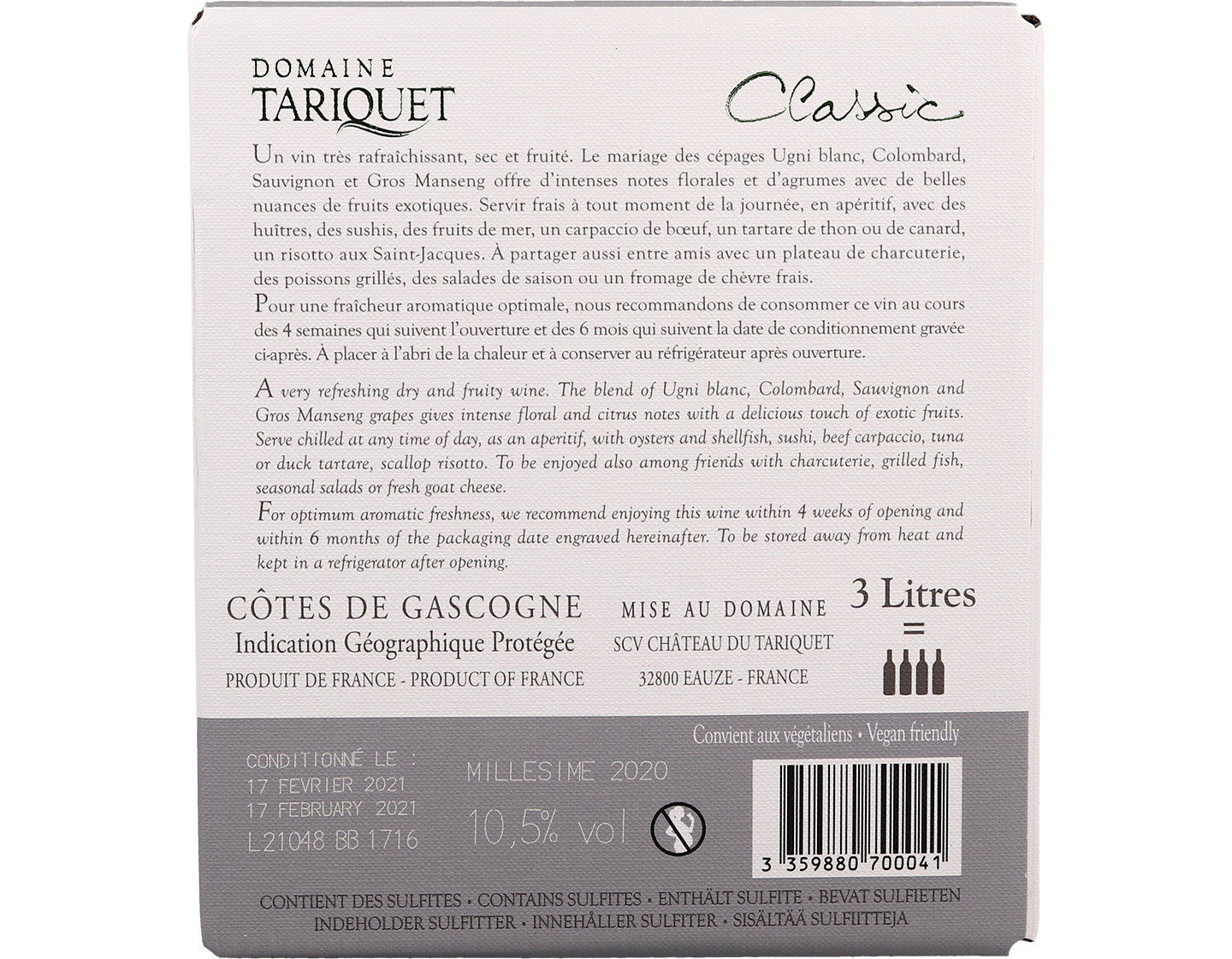 3 Litre Box of Cotes de Gascogne Tariquet Classic 2020