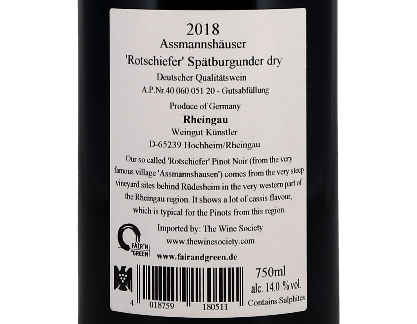 Assmannshauser Rotschiefer Pinot Noir Kunstler 2018