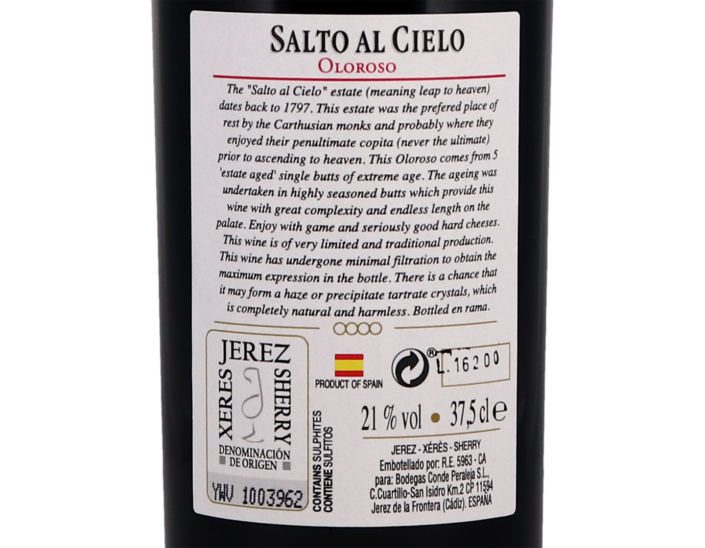 Salto al Cielo Estate Aged Oloroso half bottle