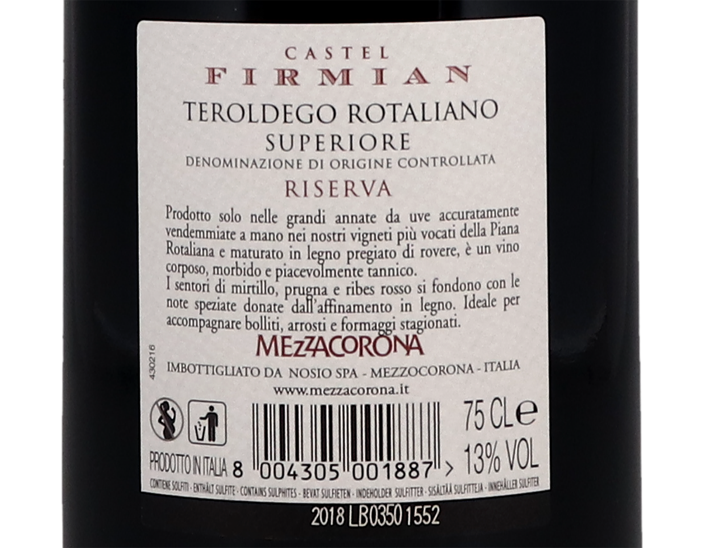 Teroldego Rotaliano Riserva Castel Firmian Mezzacorona 2018