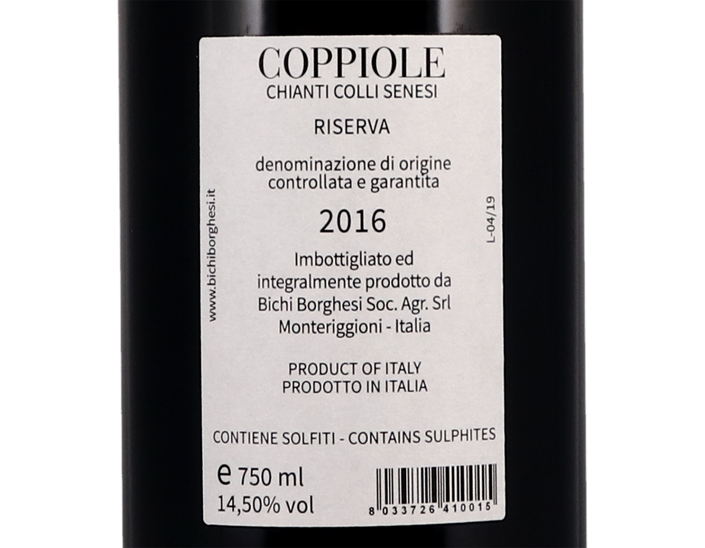 Chianti Colli Senesi Riserva Coppiole Bichi Borghesi 2016