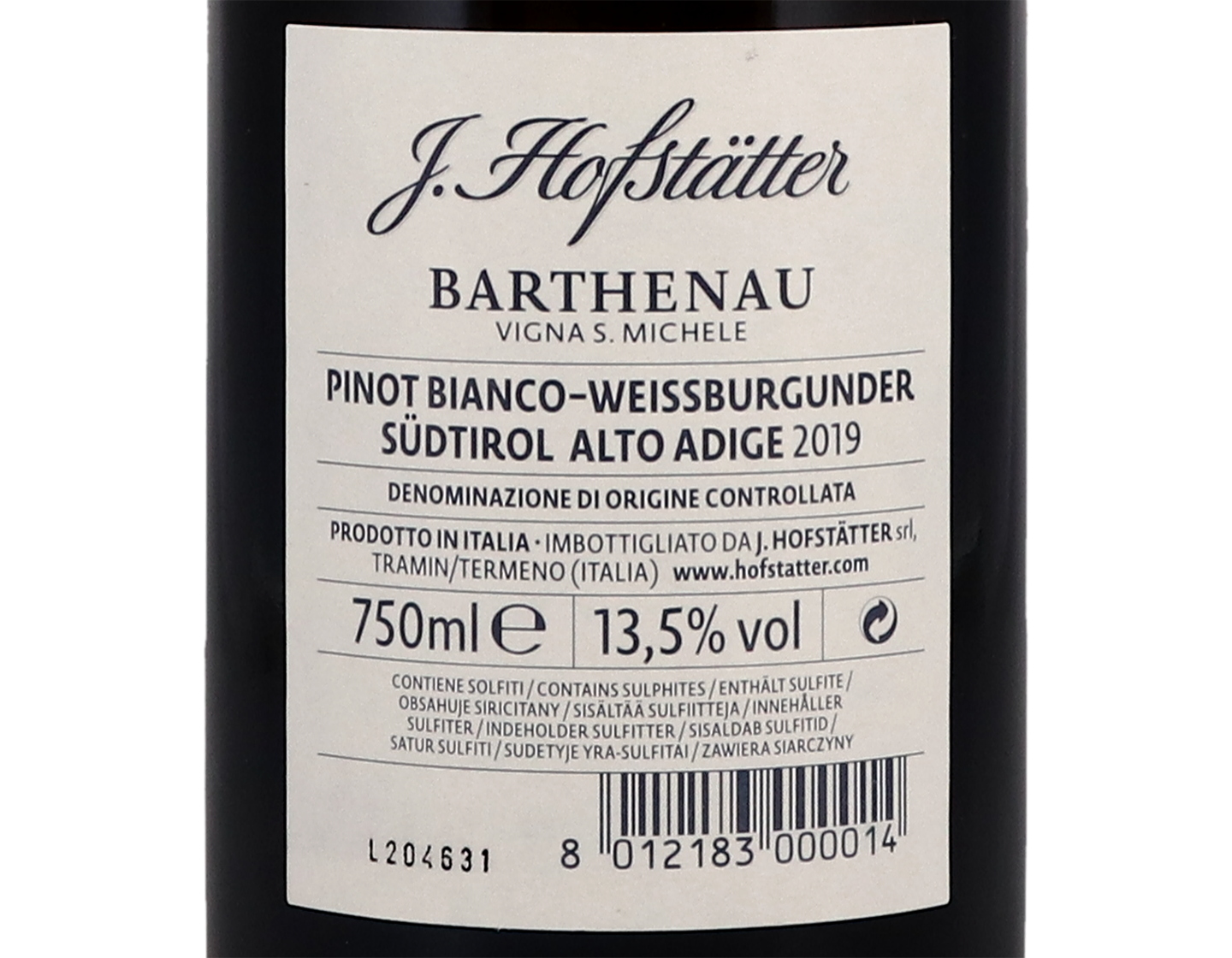 Villa Barthenau Vigna San Michele Pinot Bianco Hofstatter 2019