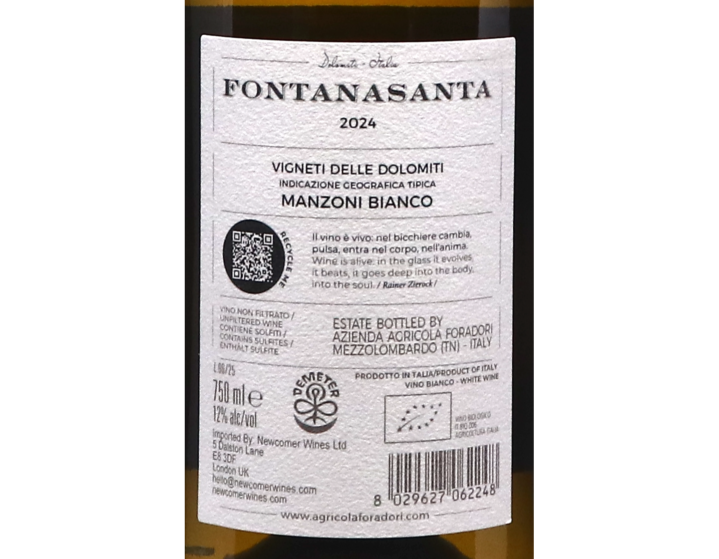 Foradori Fontanasanta Manzoni Bianco Vigneti delle Dolomiti 2024 ORGANIC