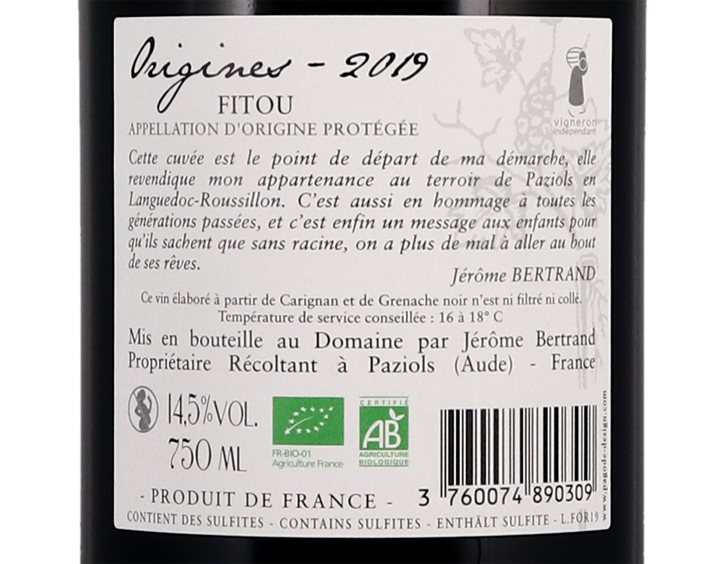 Fitou Origines Domaine Bertrand Berge 2019
