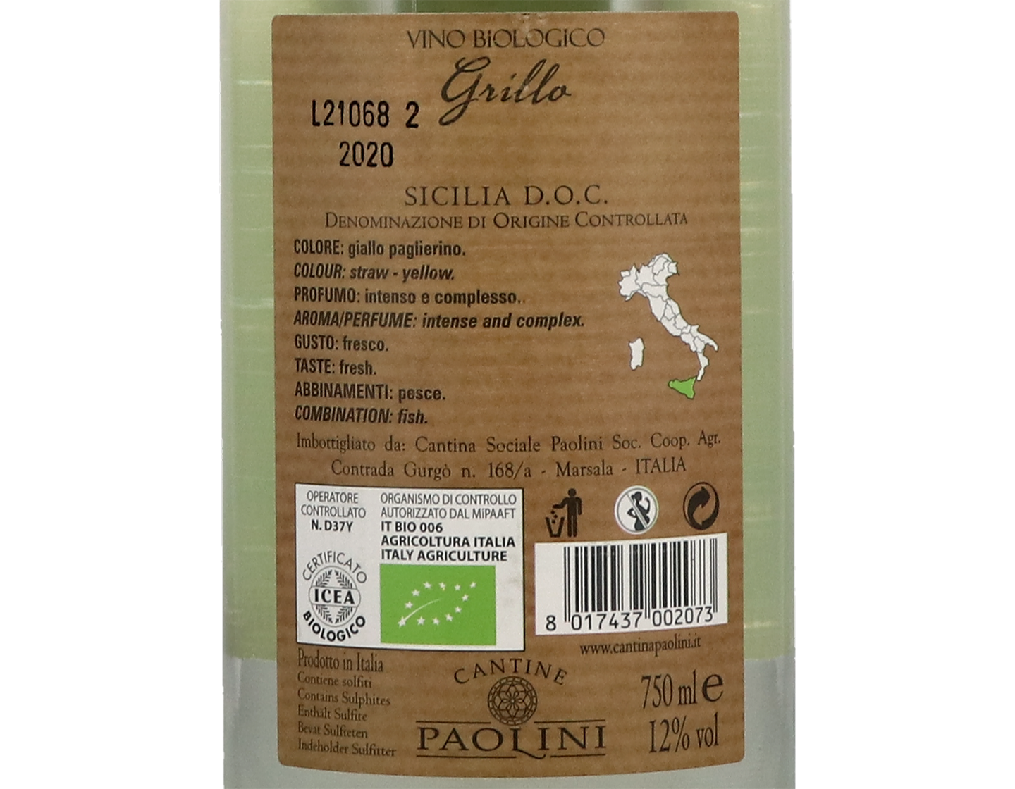 Grillo Terre Siciliane Vino Biologico Paolini 2020 ORGANIC