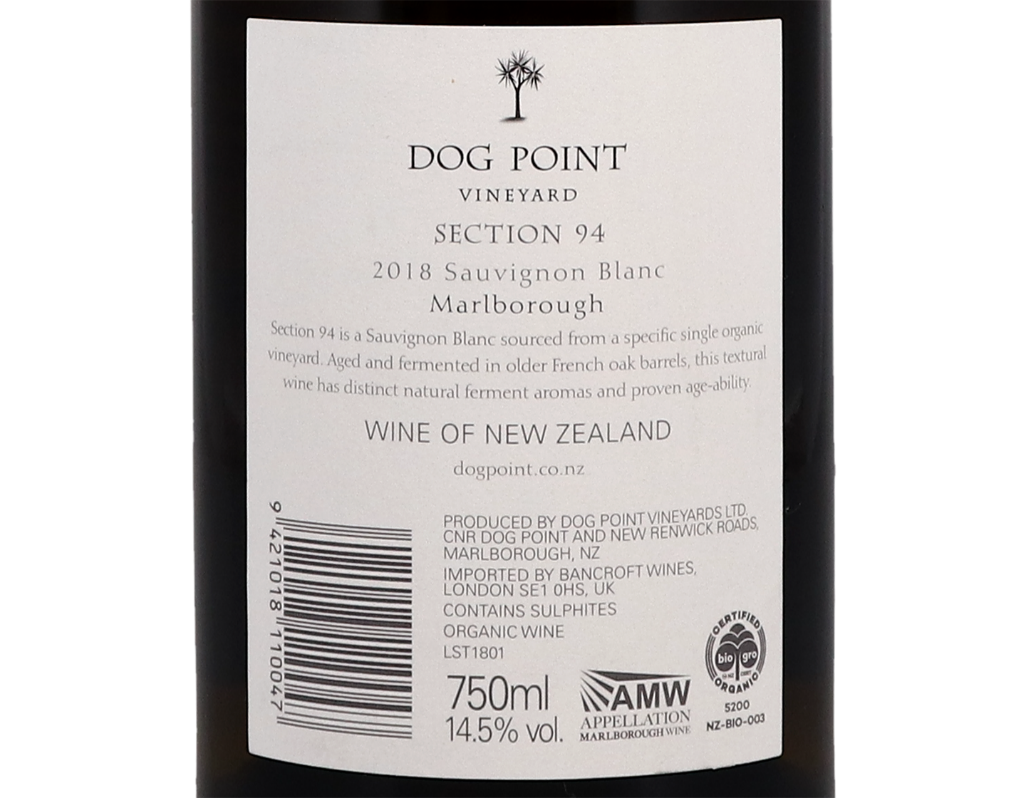 Dog Point Section 94 Marlborough Sauvignon Blanc 2018 ORGANIC