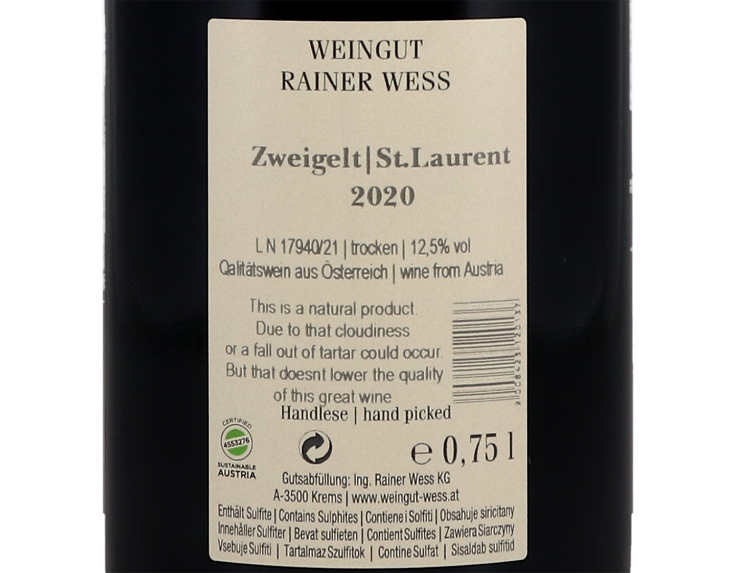 Rainer Wess Zweigelt-St Laurent, Kremstal 2020