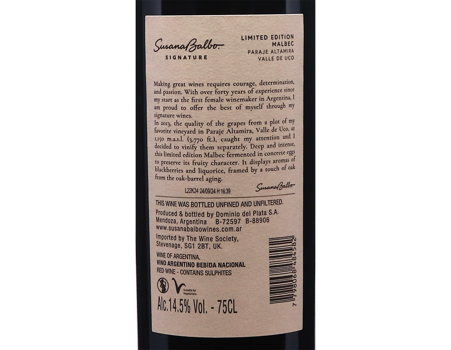 Susana Balbo Signature Limited Edition Valle de Uco Paraje Altamira Malbec 2021