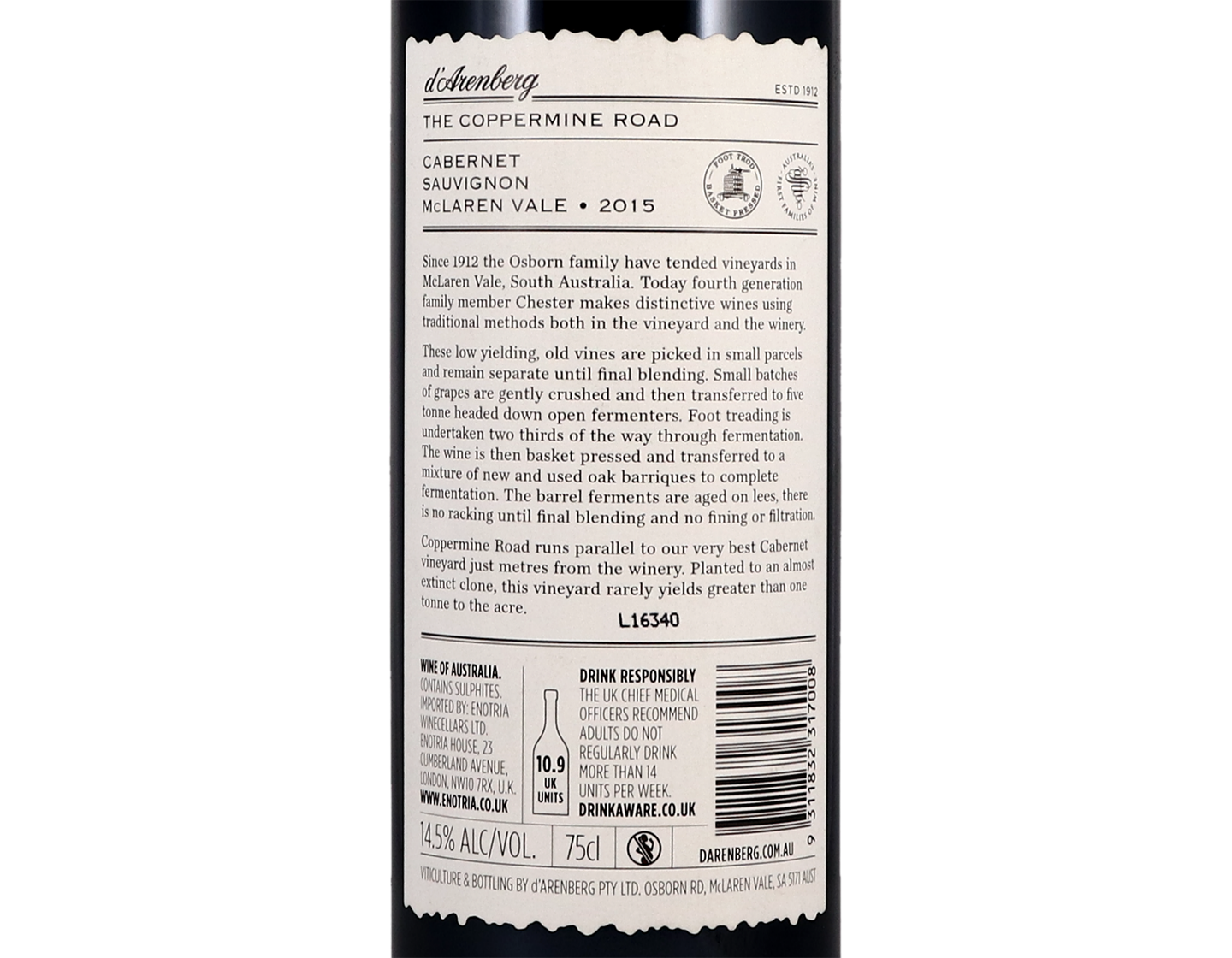 D'Arenberg Coppermine Road McLaren Vale Cabernet Sauvignon 2015