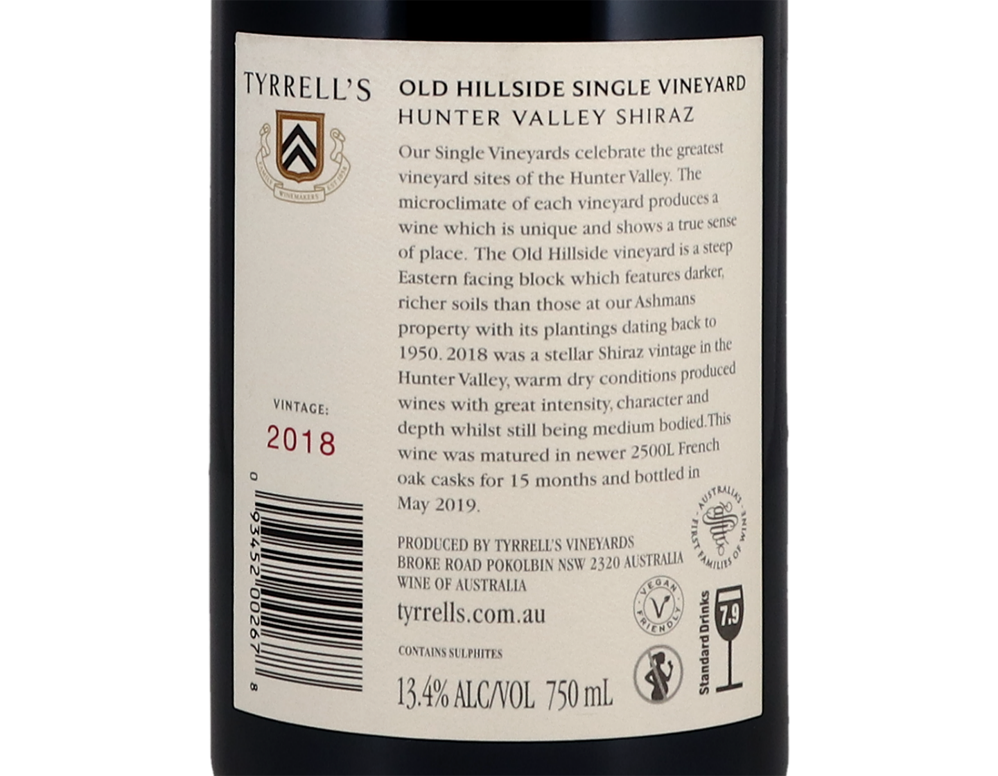 Tyrrells Old Hillside Vineyard Hunter Valley Shiraz 2018