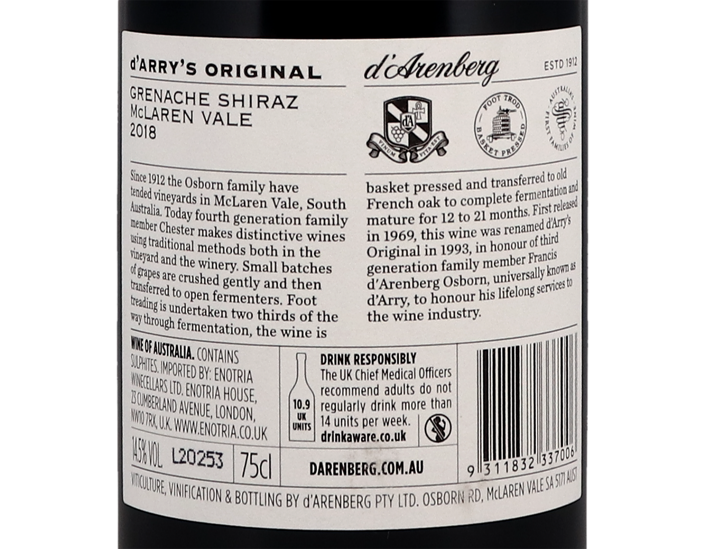 d'Arenberg d'Arrys Original McLaren Vale Grenache Shiraz 2018