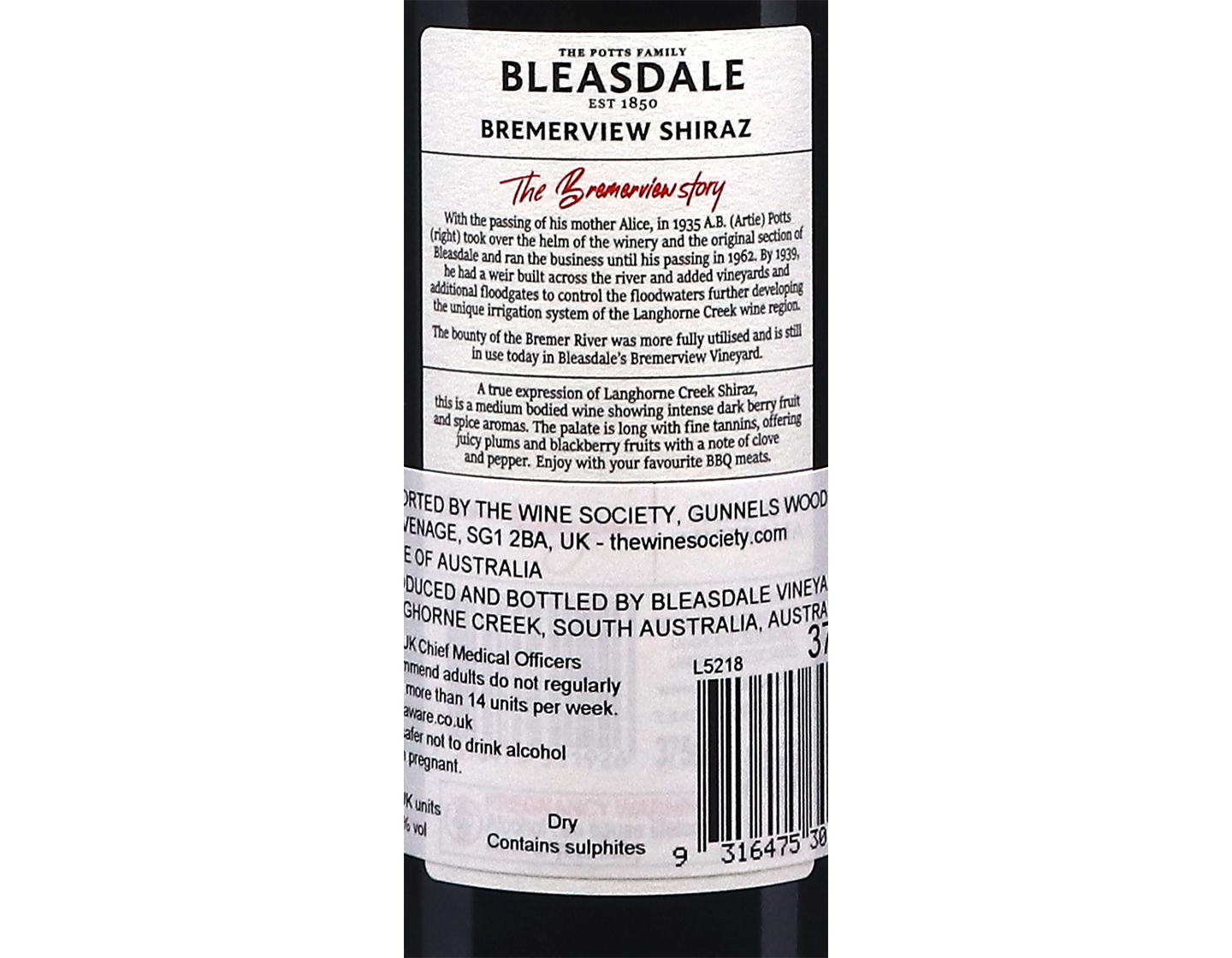 Half bottle of Bleasdale Bremerview Langhorne Creek Shiraz 2023
